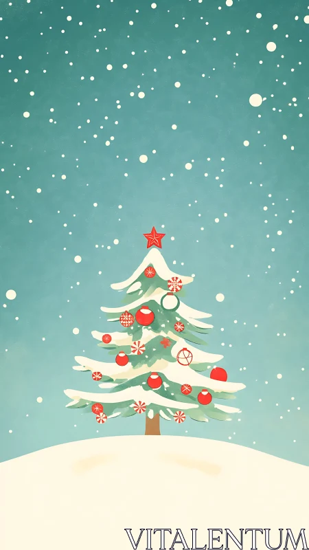 Snowflake-sprinkled hill cradles a peppermint-bright tree