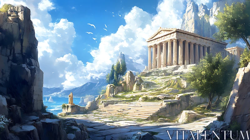 Sunlit classical Greek temple on coastal marble cliffs