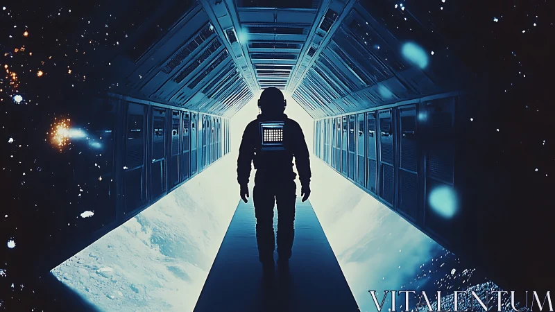 Solitary astronaut in illuminated deep space corridor.