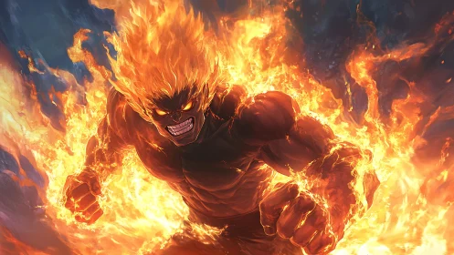 Inferno-skulled brawler erupts forward in roaring amber flames