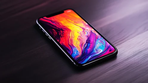 Black Smartphone Displays Vibrant Neon Liquid Abstraction