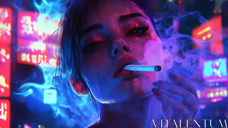 Neon-lit portrait uses hard rim lighting and volumetric smoke rendering