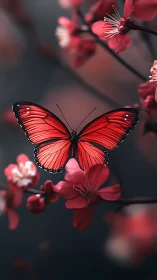 Photorealistic scarlet butterfly over blooming cherry boughs.