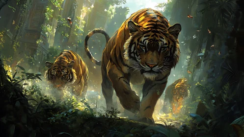 Digitally Rendered Jungle Predators: Bengal Tigers with Advanced Volumetric Lighting and Environment