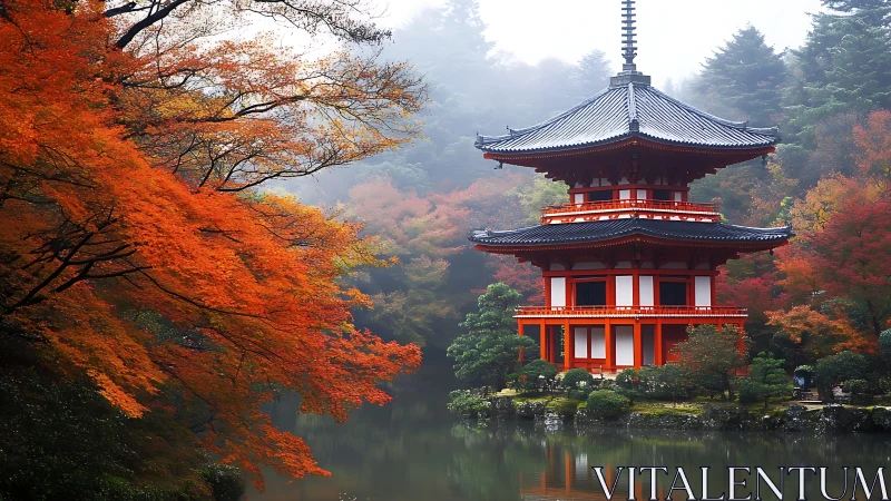 Tranquil Japanese lakeside pagoda wrapped in autumn color.