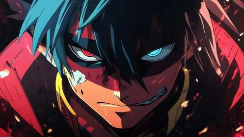 Intense anime warrior advances under dynamic ember lighting