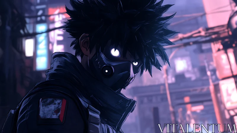 Masked figure stands in neon cityscape under diffuse lighting