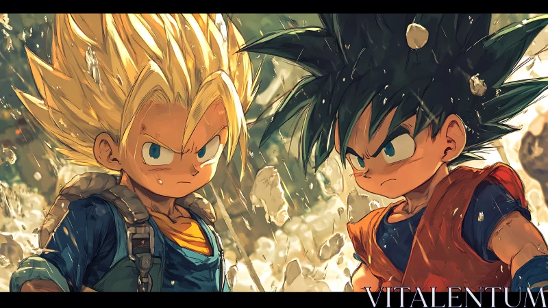 Two young fighters facing off amid suspended stone debris.