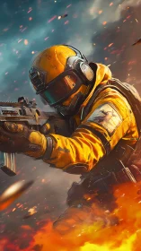 Armored space soldier aims rifle amid explosive battlefield