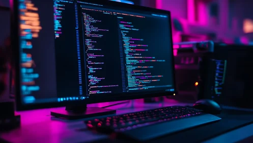 Neon code sanctuary glows in a midnight developer workspace.
