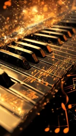 Piano keyboard with golden light trails and notation overlay.