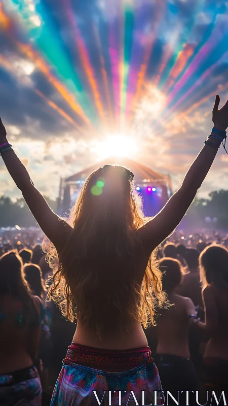 Backlit festival crowd with diffracted chromatic sunrays.