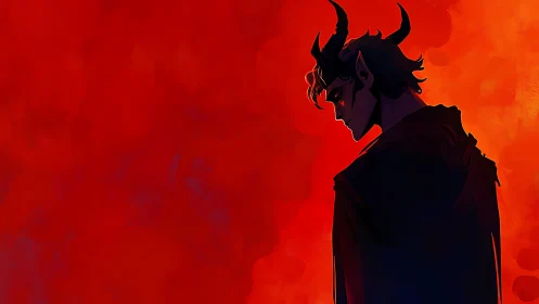 Brooding horned figure glows against a vivid red dusk sky