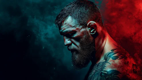 Tattooed fighter profile in dramatic red and blue light.