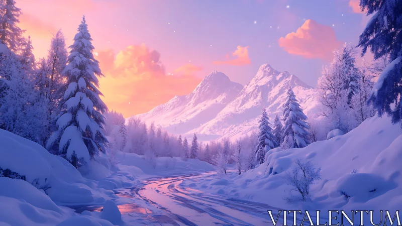 Digital painting of luminous alpine winter valley at dusk.