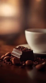 Photorealistic espresso cup with textured chocolate focus.