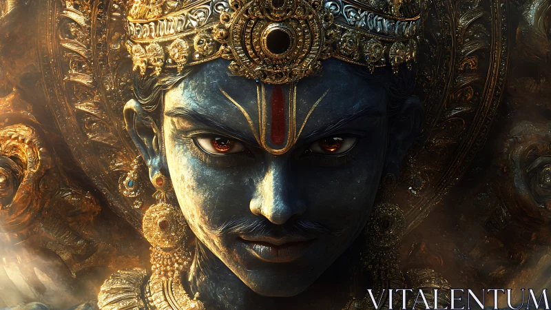 Hyper-detailed divine visage with ornate gold filigree and volumetric light