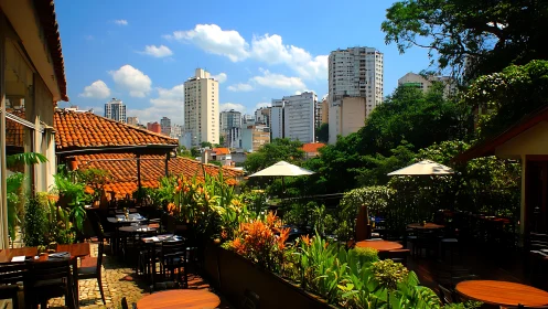 Rooftop dining terrace overlooks dense urban high rise skyline