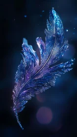 Iridescent crystal feather suspended in deep blue glow.