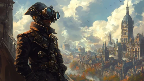 Steampunk skywatcher on balcony above neo-baroque cityscape.