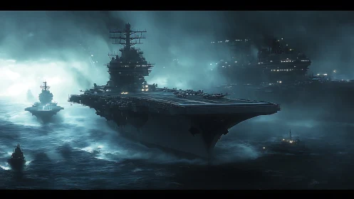 Steel leviathans surge through tempest-churned electric seas