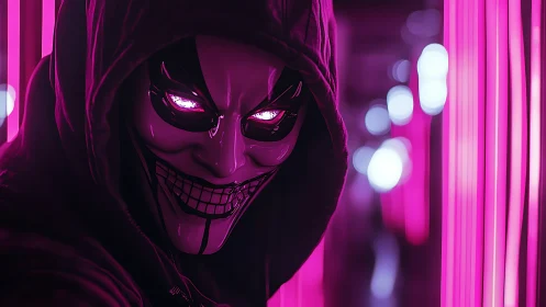 Hooded figure in stylized mask stands in neon corridor