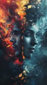 Dual human visages in swirling elemental fire and ice.