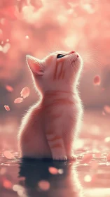 White kitten gazing upward among soft pink bokeh particles and falling petals.