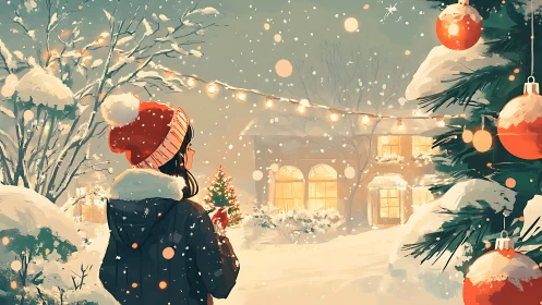 Snowlit girl and glowing Christmas courtyard of quiet wonder.