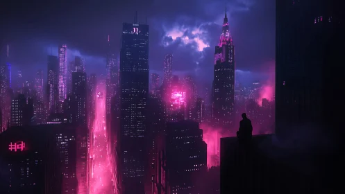 Neon magenta cyberpunk skyline isolates a lone rooftop observer