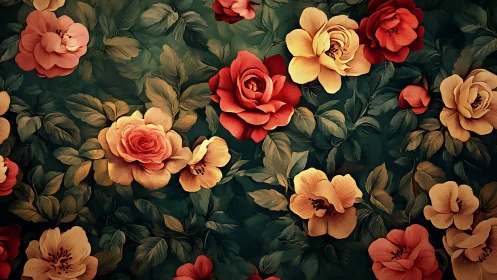 Romantic garden blooms in warm coral, gold, and deep green tones