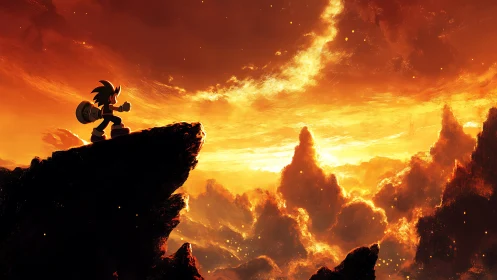 Silhouetted hero on ember-lit cliff above blazing clouds.