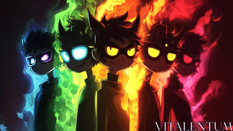 Cel-shaded neon avatars stand in elemental chromatic flames
