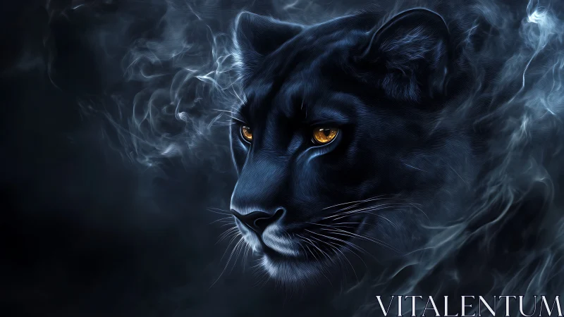 Black panther emerges from luminous mystical smoke and atmospheric haze.