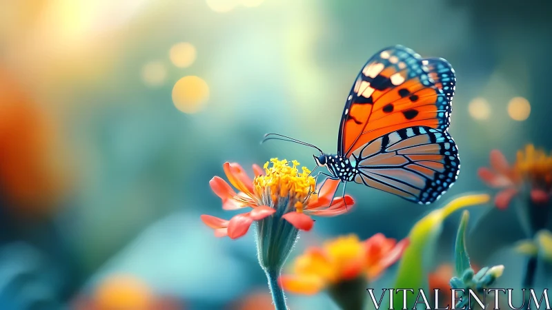 Gentle monarch butterfly pauses softly on a glowing flower