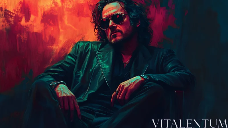 Brooding man in leather jacket under neon red teal glow.