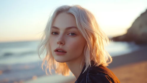 Soft backlit beach portrait of platinum blonde woman at dusk