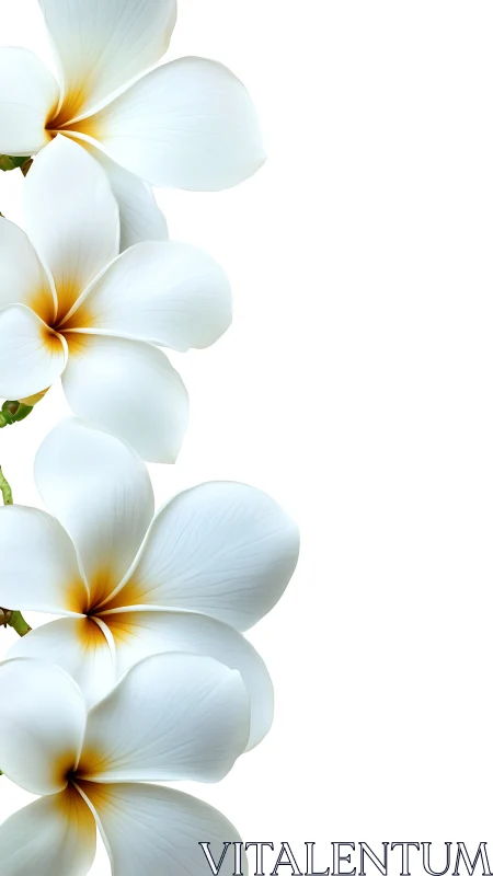 White Plumeria Petals with Golden Stamen Centers Arranged Vertically.