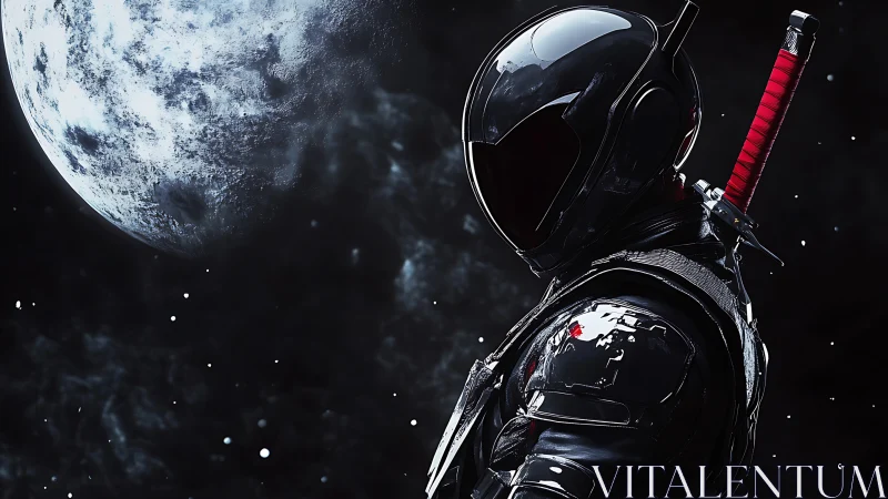 Lunar-lit tactical astronaut with katana in reflective armor.