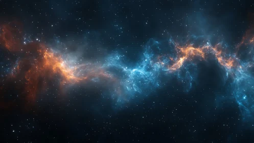 Bipolar orange and blue nebula band in deep space field.