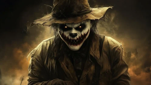 Sinister scarecrow clown emerges from a smoky nightmare.