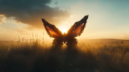 Mech-butterfly sentinel unfolding wings in molten sunset glow.