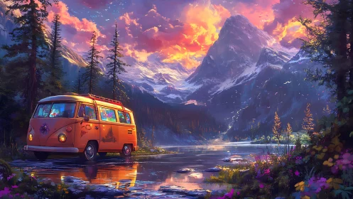 Retro camper van beside glowing mountain lake at sunset.