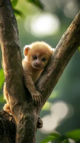 Young primate resting on tree trunk in forest habitat.