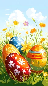 Spring-bright painted eggs napping in wildflower daydreams.