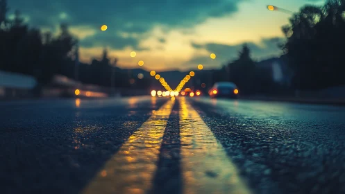 Rain kissed road at dusk with dreamy glowing headlights.