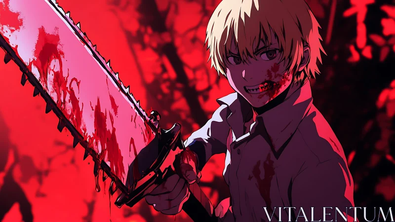 Bloodstained anime boy wielding large chainsaw weapon.