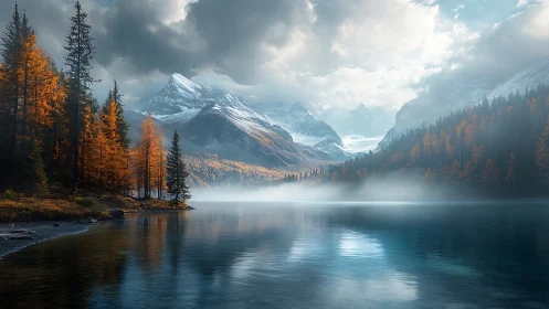 Gentle alpine lake rests beneath misty snow capped mountains