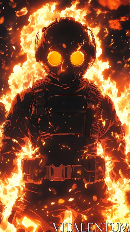 Figure in tactical suit rendered against intense fire effect background