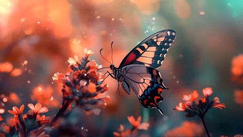 Macro study of butterfly on florals in bokeh dusk light